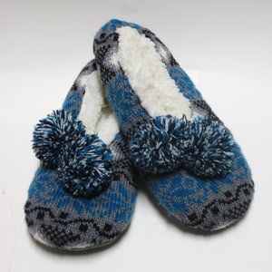Cozy Women's Blue Knit Ballet Slippers Pom-Pom